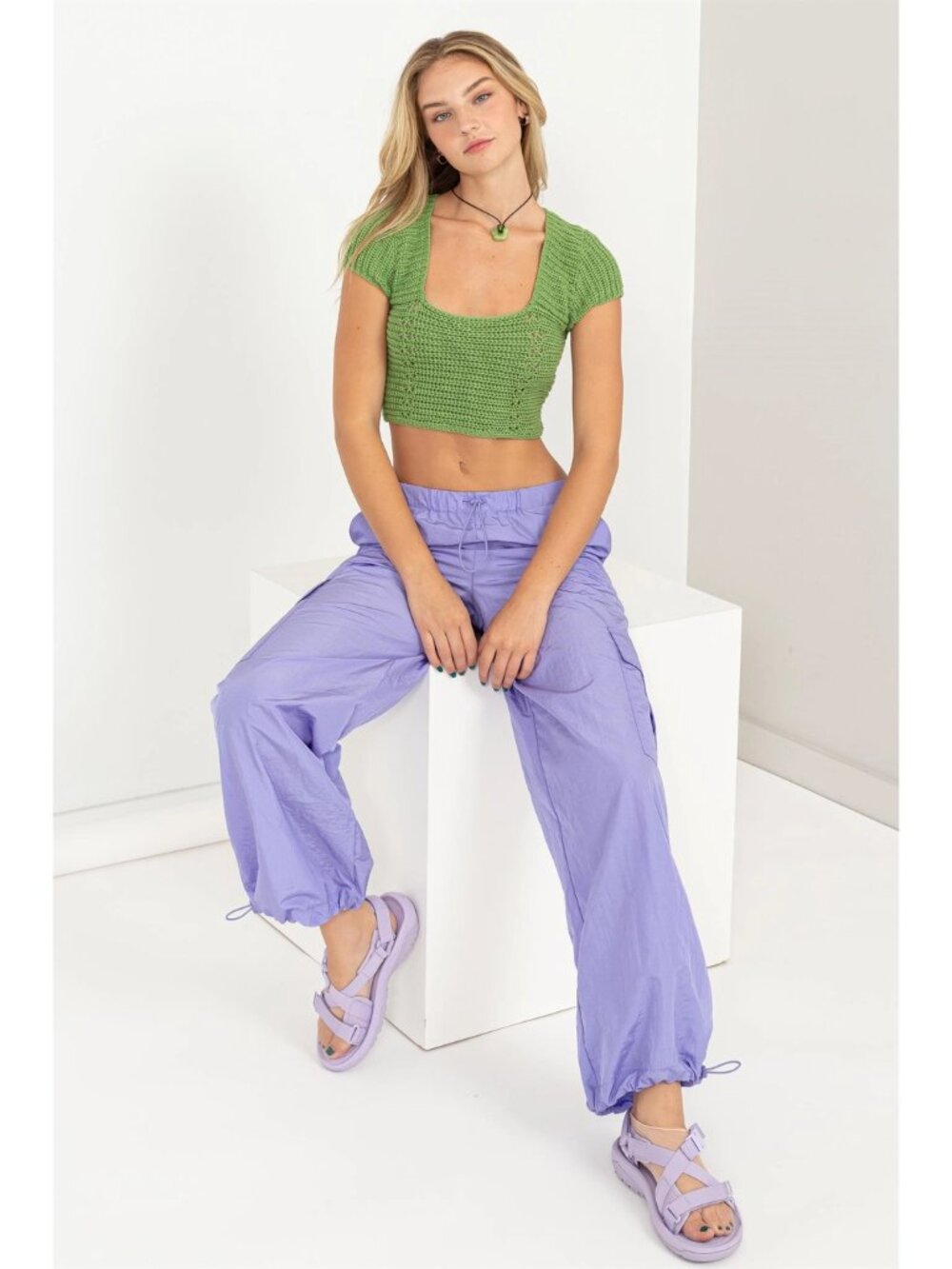 Double Zero Green Knit Crotchet Square Neck Cap Sleeve Top